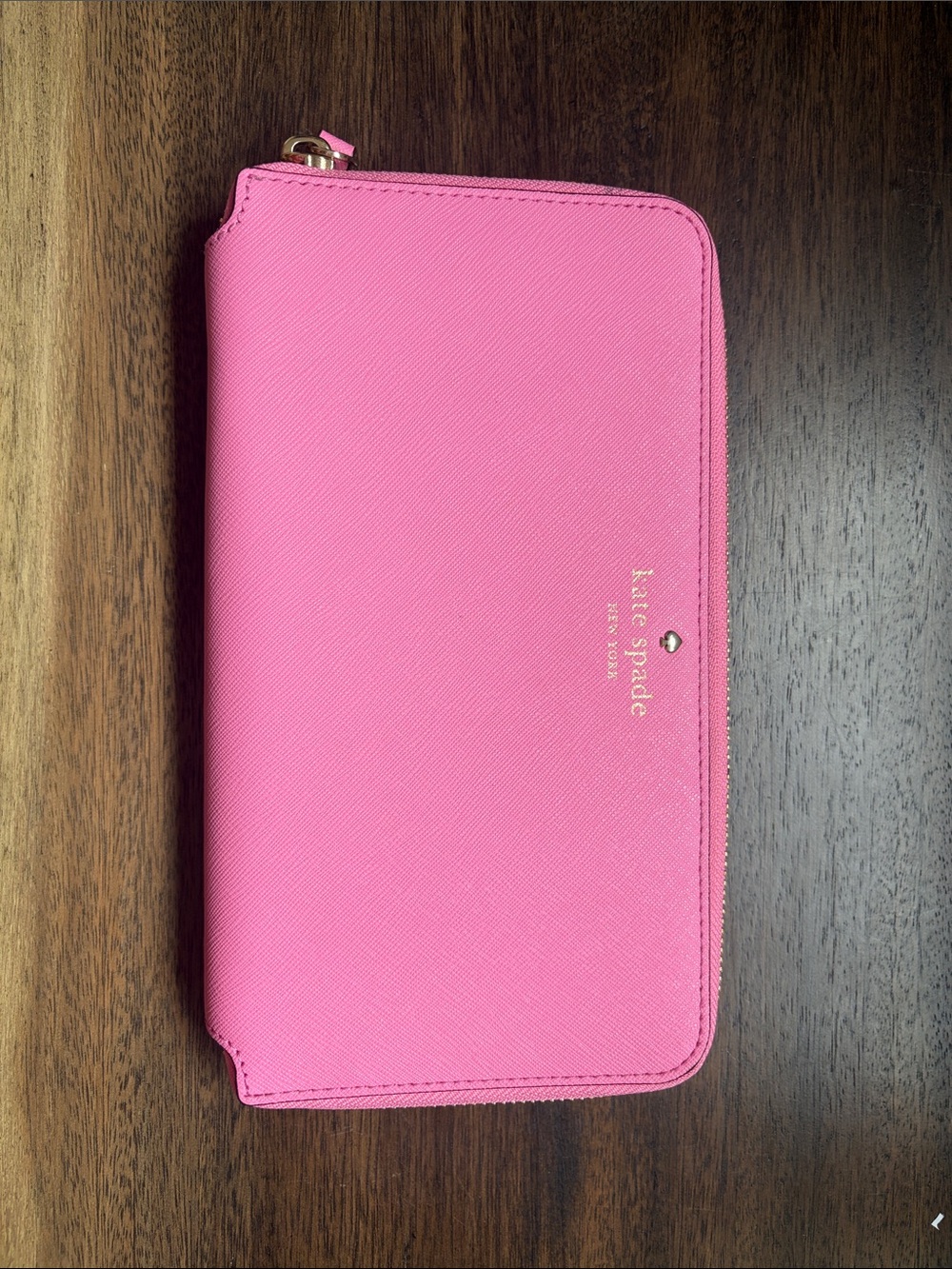 kate spade Bright Pink Zip Passport Wallet with Gold Logo